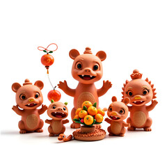 Naklejka premium Playful clay animals celebrate with a bountiful orange offering, 3d render of whimsical characters concept.