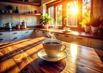 Obraz premium Drone View Sunny Morning Coffee Kitchen - Aerial Coffee Photography