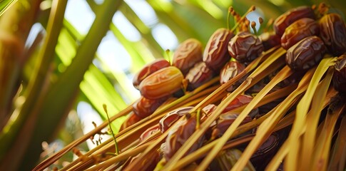 Dates growing on a palm frond in a sunny landscape, fresh and vibrant natural scene