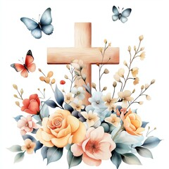 A serene depiction of a wooden cross adorned with vibrant flowers and fluttering butterflies, symbolizing peace and spiritual growth.