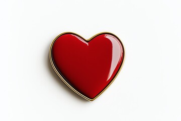 Obraz premium A shiny red heart-shaped pin sits on a white background, symbolizing love and affection.