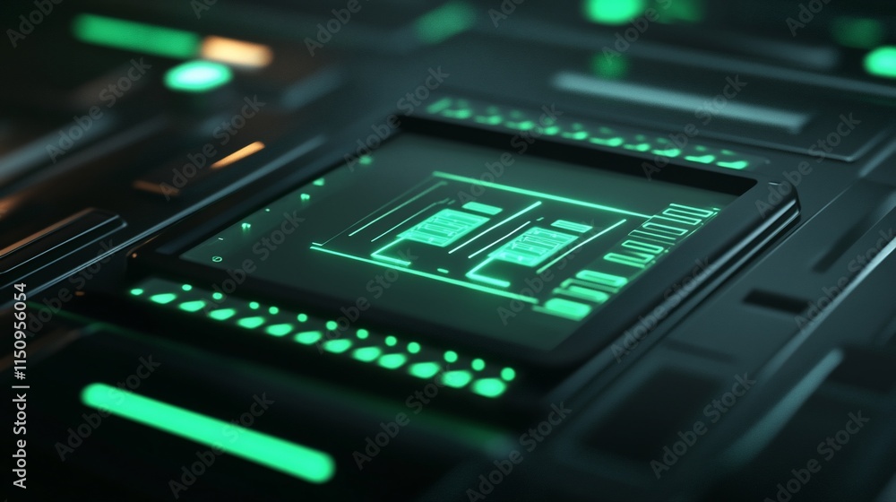 Poster a futuristic circuit board with glowing green elements and a central processor.