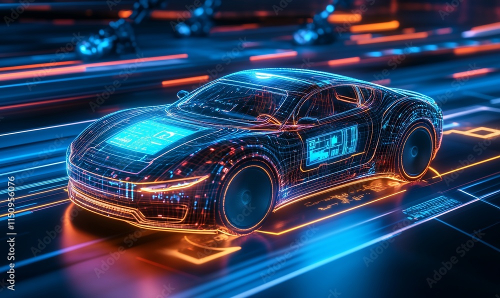 Poster a futuristic car design illuminated with neon lines and digital elements.