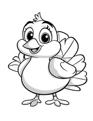 Fototapeta premium Adorable cartoon bird illustration in monochrome, featuring a smiling bird with big eyes and expressive wings, perfect for coloring books and educational materials.