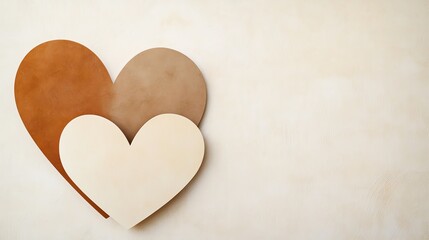 Obraz premium Three overlapping hearts in earthy tones, set against a neutral background, symbolize love and connection.