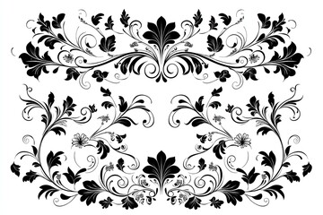 Elegant black floral decorative pattern with intricate curls and leaves on a white background. Perfect for design projects, invitations, and ornamental purposes.