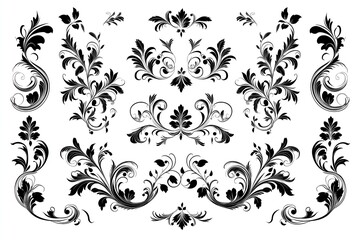 Elegant black floral vector patterns set on a white background, perfect for invitations, design elements, or as decorative illustrations, offering a touch of classic sophistication