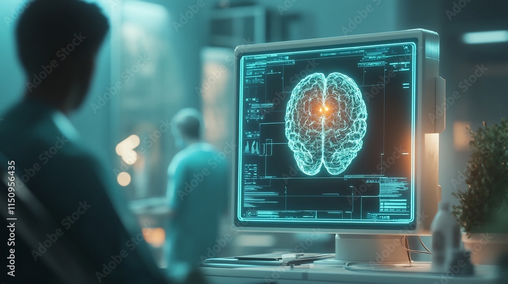 Poster a futuristic display showing a brain scan in a medical research environment.