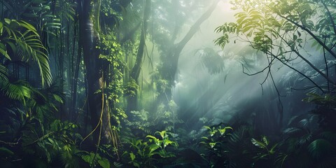 A mist-covered rainforest with tall trees rising through the fog, creating a magical scene.