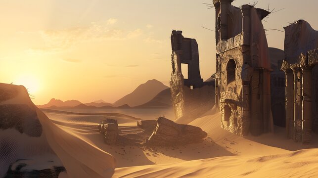A vast desert landscape with ancient ruins emerging from the sand, showcasing a historic scene.