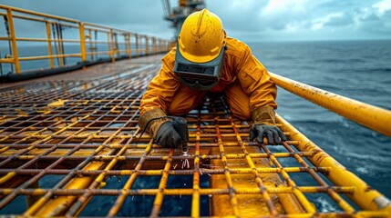 Welder in yellow protective gear welds metal grating on an offshore oil rig platform over stormy sea.