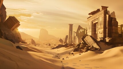 A remote desert landscape with towering ancient ruins standing amidst the golden sands.