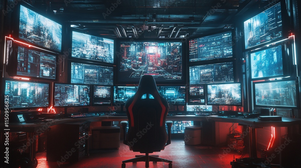 Poster a futuristic gaming setup with multiple screens displaying digital environments.