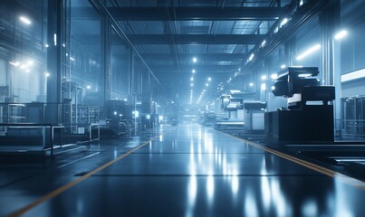 A futuristic industrial space with high-tech machinery and blue lighting.