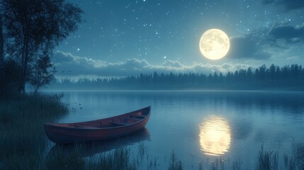Tranquil moonlit lake, wooden boat, starry night.