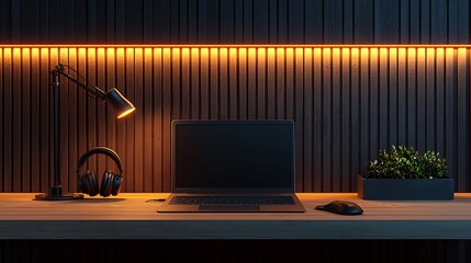 Modern workspace setup with laptop and ambient lighting