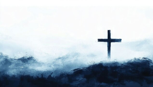 A solitary cross rests quietly on the foggy ground.