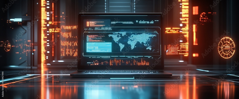Poster a futuristic laptop displaying a global map with digital data overlays.