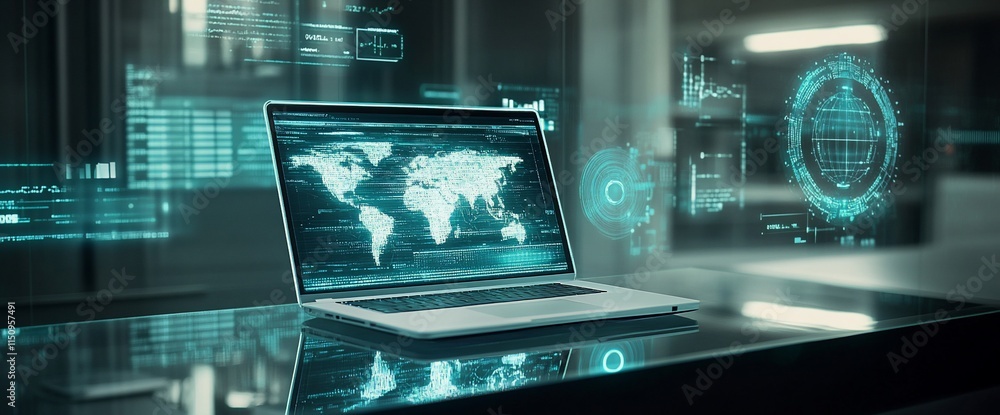 Aufkleber a futuristic laptop displaying a world map and digital data analysis.