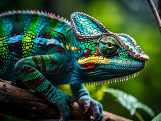 Obraz premium unique photography of chameleon panther, chameleon panther on branch, chameleon panther close up