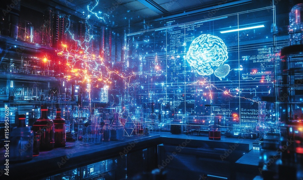 Poster a futuristic lab showcasing neural connections and scientific experiments.