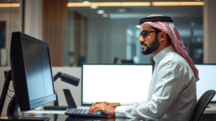 Arab businessman in traditional attire focused on laptop screen in sleek, modern office setting, computer, technology