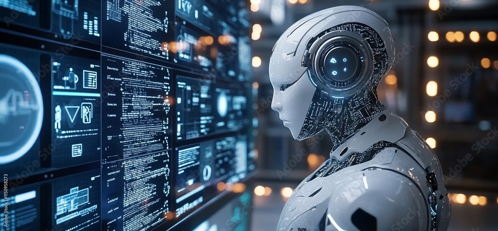 Poster a futuristic robot interacts with digital data displays in a tech environment.