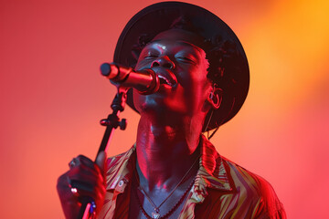 Soulful Performance: A captivating portrait of a male singer, bathed in warm stage lights, delivering a powerful performance with raw emotion. The image evokes the energy of live music.