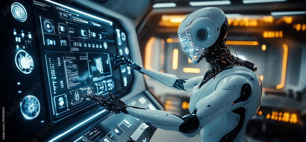 Aufkleber a futuristic robot interacting with a high-tech control panel in a sci-fi setting.