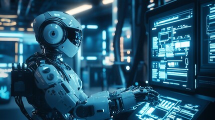 Fototapeta premium A futuristic robot interacting with a high-tech control panel in a digital environment.