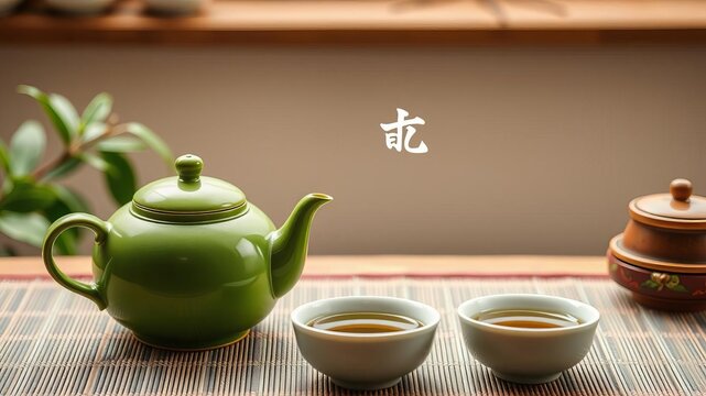 Asian food background with green tea cups and teapot on white background, perfect for adding text, white, background