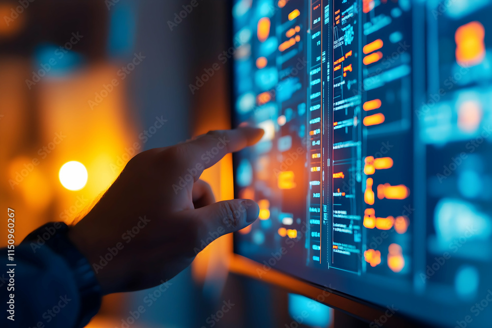 Poster a hand interacts with a vibrant, data-filled touchscreen display, showcasing advanced technology and