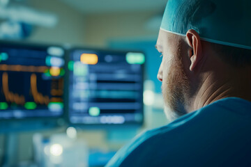 A medical professional monitors patient data on digital screens in a clinical environment, focusing on vital signs and health metrics.