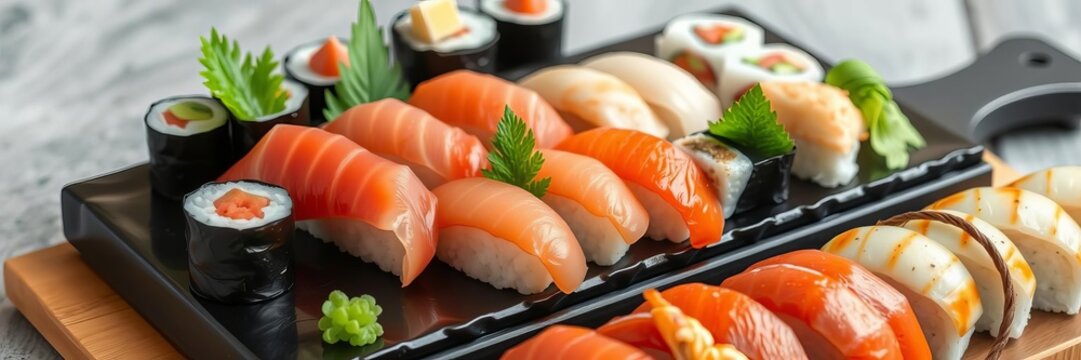 Assorted sushi nigiri and maki on slate with tuna, crab, Japanese cuisine, sushi, crab