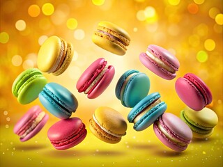 Panoramic view: vibrant yellow macarons soar, a colorful pastry delight, perfect for dessert photography.