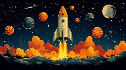 Obraz premium Sleek vector illustration of a rocket and planets ideal for space and sciencethemed designs