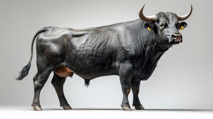 Large black bull standing sideways against a light grey background.