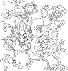 Vector sketch illustration silhouette design painting classic vintage ethnic traditional dragon flying on cloud