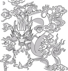 Vector sketch illustration silhouette design painting classic vintage ethnic traditional dragon flying on cloud
