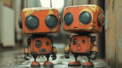 Fototapeta premium Two rusty orange robots stand together.