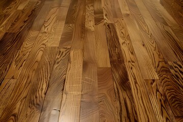 Close-up of detailed oak hardwood flooring with natural grain patterns and rich wood texture.