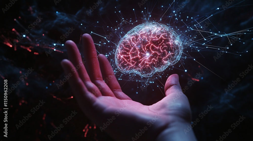 Poster a hand reaching towards a glowing brain, symbolizing knowledge and innovation.