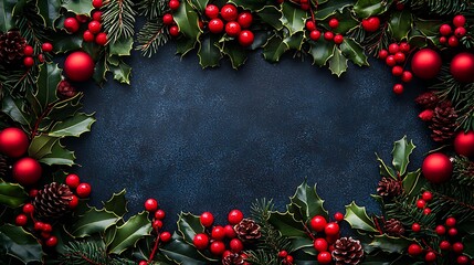 Festive Christmas Wreath With Holly Berries And Pine Cones