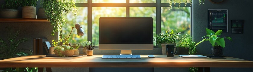 Fototapeta premium Sustainable office interior with natural light, plants reducing CO2, wooden table with a computer, highlighting ecological and modern design for a green company
