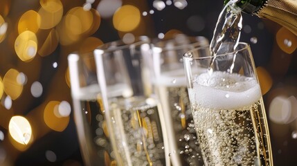 An elegant snapshot of champagne being poured from a freshly opened bottle, with bubbles cascading into crystal flutes against a sophisticated party backdrop, setting the stage for a memorable toast. 