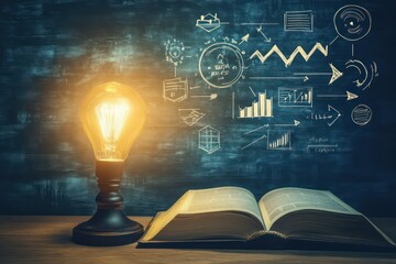 A lamp with a radiant glow illuminating a book on a desk, with graphs, arrows, and business success symbols floating above, representing the idea that education and learning drive success.