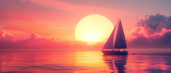 Fototapeta premium Tourists or friends sailing on a boat at sunset, enjoying the vibrant orange and pink sky with the peaceful ocean, generative AI concept