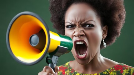 Headshot of a young activist woman screaming into megaphone for social justice and equality
