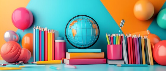 3D backtoschool scene with vibrant school supplies, books, colored pencils, and a globe, symbolizing education and creativity in a fun, colorful setting