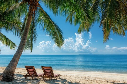 Two lounge chairs on a pristine beach under palm trees, overlooking a calm ocean.